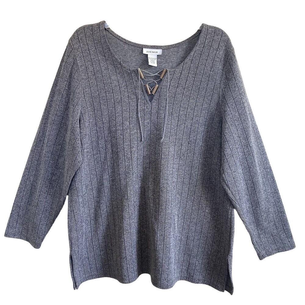 Avenue Knit Pullover Top Lace Up Neckline Gray